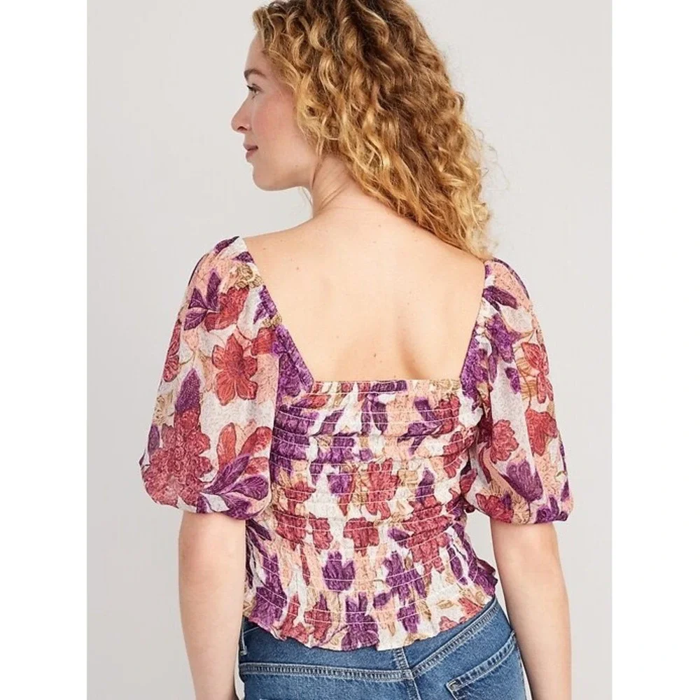 Old Navy Womens 2X Floral Smocked Puff Sleeve‎ Square Neck Blouse Purple Red